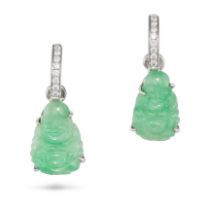 A PAIR OF JADEITE JADE AND DIAMOND BUDDHA DROP EARRINGS each comprising a hoop set with round bri...