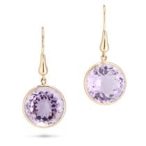 A PAIR OF AMETHYST DROP EARRINGS each set with a round cut amethyst, stamped 18K, 3.4cm, 5.6g.