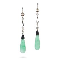 A PAIR OF JADEITE JADE, DIAMOND, PEARL AND ENAMEL DROP EARRINGS each comprising a row of round cu...