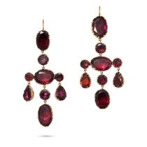 A PAIR OF ANTIQUE GARNET GIRANDOLE EARRINGS in yellow gold, each comprising a row of round and ov...