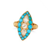 AN ANTIQUE TURQUOISE AND DIAMOND NAVETTE RING in yellow gold, the navette face set with three old...