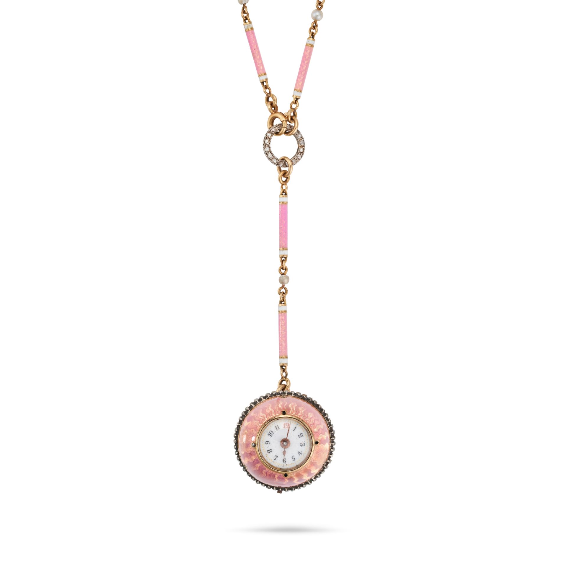 AN ANTIQUE FRENCH ENAMEL, DIAMOND AND PEARL TIMEPIECE PENDANT NECKLACE in 18ct yellow gold and si... - Image 2 of 3