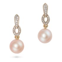 A PAIR OF PEARL AND DIAMOND DROP EARRINGS comprising links set with round brilliant cut diamonds ...