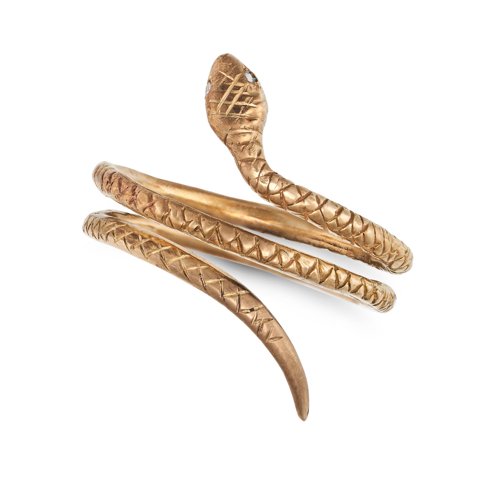 AN ANTIQUE DIAMOND SNAKE RING in yellow gold, designed as a coiled snake, the eyes set with rose ...