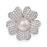 A PEARL AND DIAMOND FLOWER RING designed as a flower set with a pearl of 10.5mm, the petals pave ...