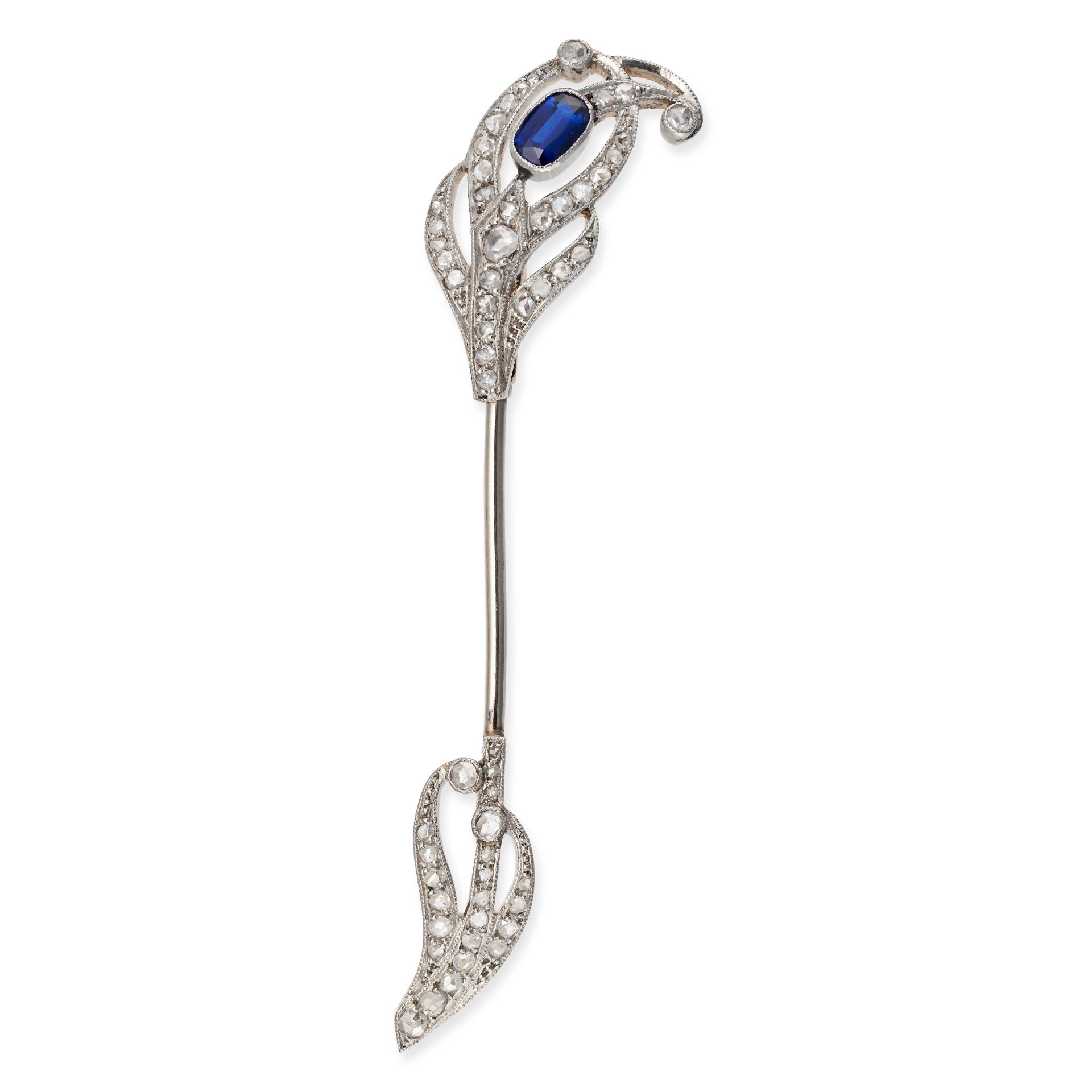 AN ANTIQUE SAPPHIRE AND DIAMOND JABOT PIN BROOCH designed as a stylised feather set with an oval ...