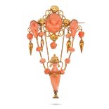 AN ANTIQUE CORAL BROOCH the openwork brooch set with three coral cameos carved to depict the bust...