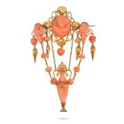 AN ANTIQUE CORAL BROOCH the openwork brooch set with three coral cameos carved to depict the bust...