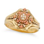 AN ANTIQUE CORAL, PEARL AND DIAMOND LOCKET BANGLE in yellow gold, the hinged bangle set with an o...