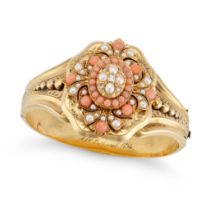 AN ANTIQUE CORAL, PEARL AND DIAMOND LOCKET BANGLE in yellow gold, the hinged bangle set with an o...