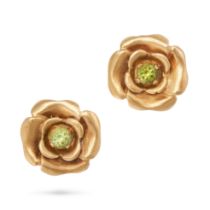 A PAIR OF PERIDOT FLOWER EARRINGS each designed as a flower set with a round cut peridot, butterf...