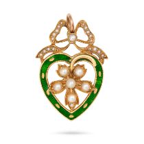 AN ANTIQUE PEARL AND ENAMEL HEART PENDANT in yellow gold, designed as a flower set with pearls wi...