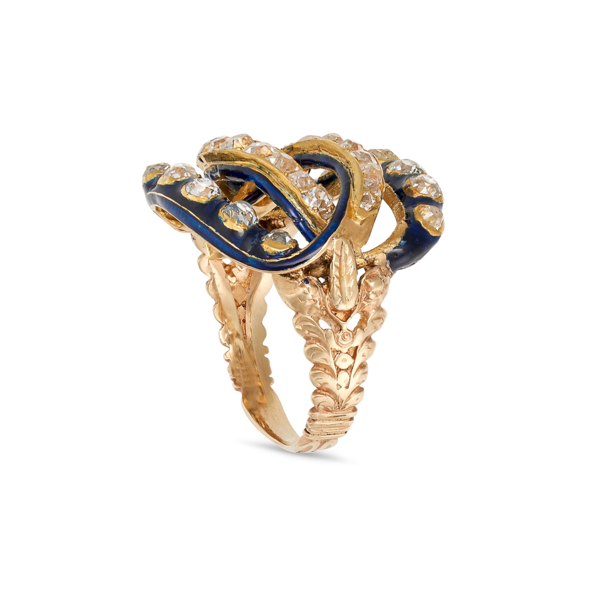 AN ANTIQUE ENAMEL AND DIAMOND RING in yellow gold, designed as interlocking hoops set with old cu... - Image 2 of 2