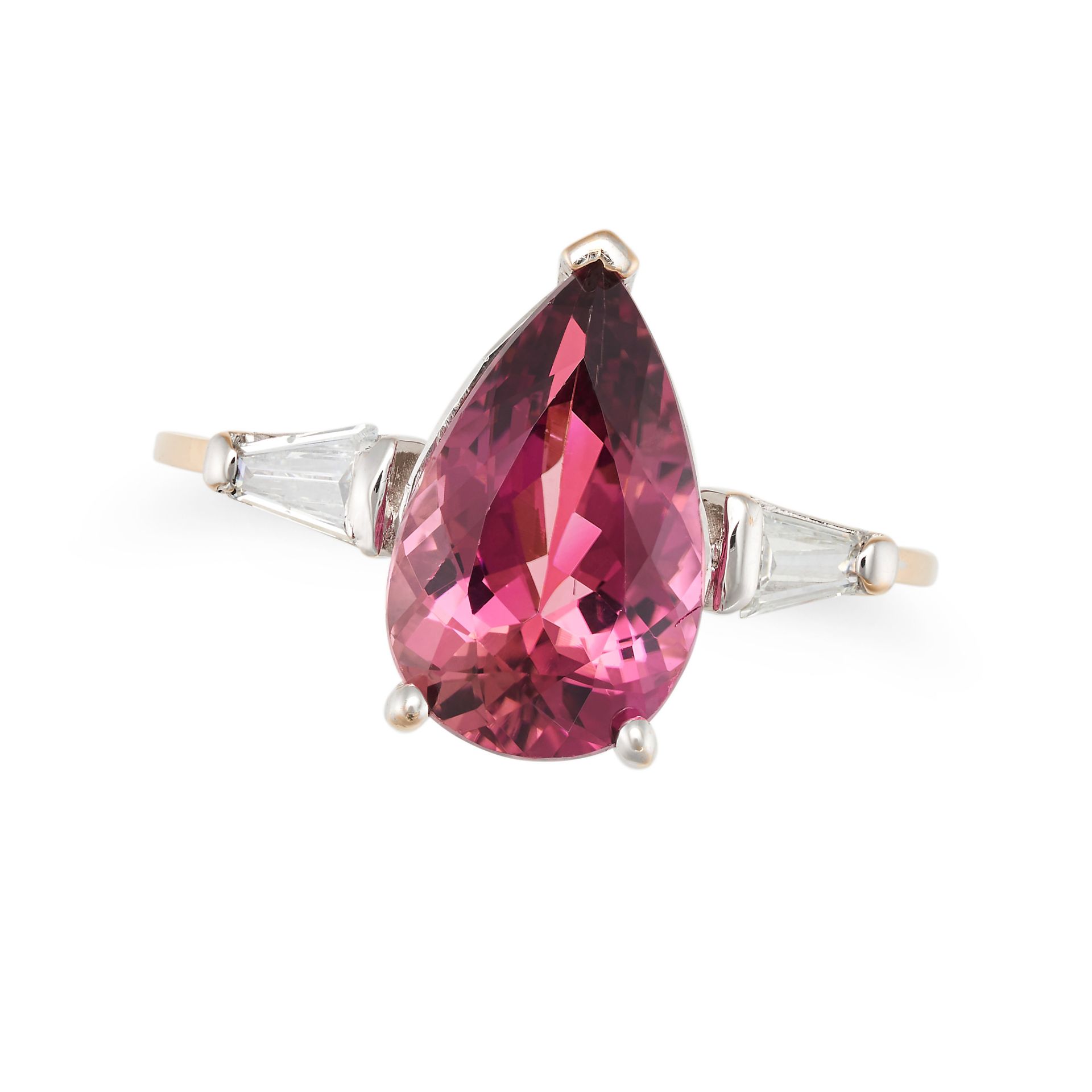 A PINK TOURMALINE AND DIAMOND RING set with a pear cut pink tourmaline of approximately 3.03 cara...