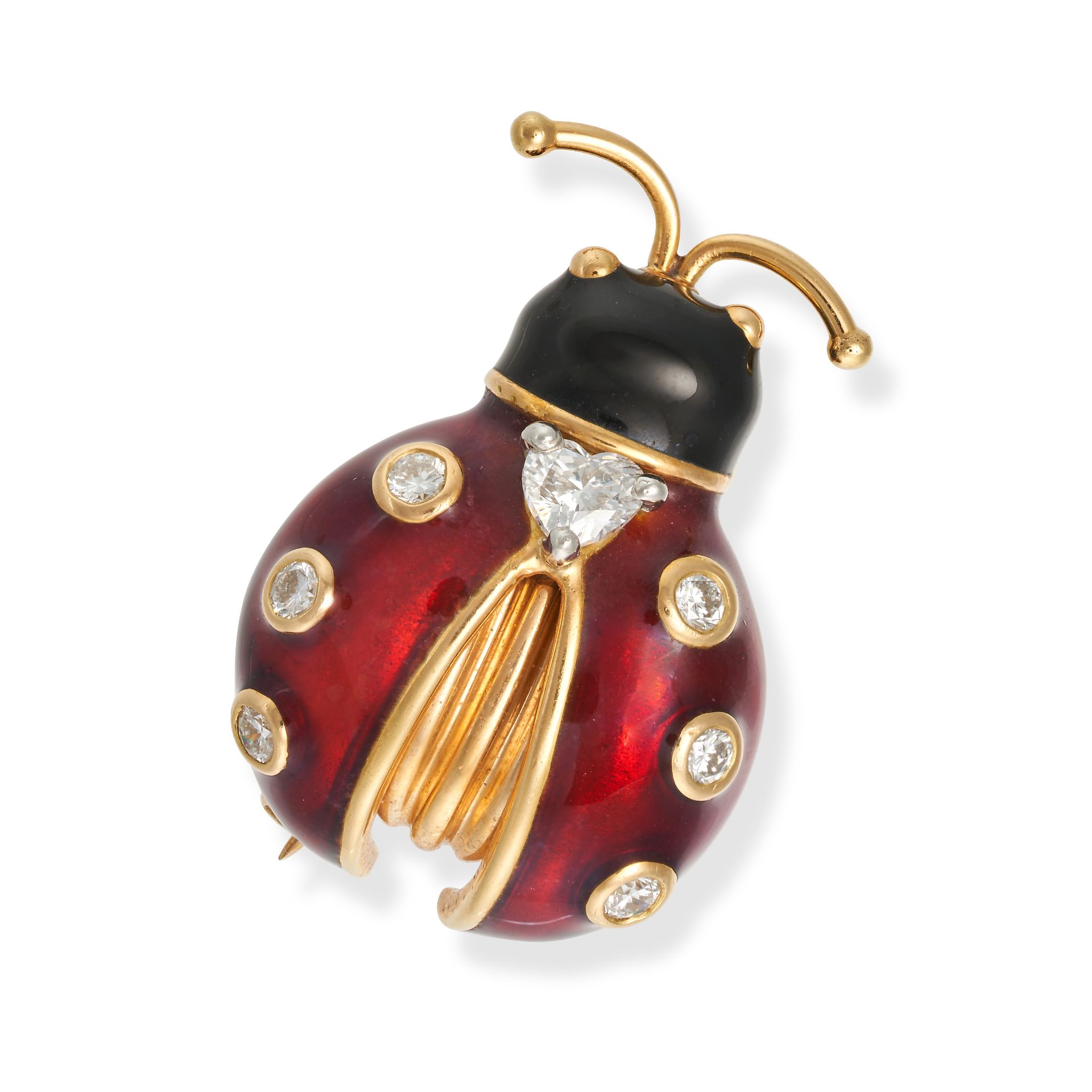 OSCAR HEYMAN & BROTHERS, A DIAMOND AND ENAMEL LADYBIRD BROOCH in 18ct yellow gold, designed as a ...