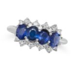 A SAPPHIRE AND DIAMOND CLUSTER RING set with four oval cut sapphires in a cluster of round brilli...