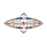 AN ANTIQUE SAPPHIRE, DIAMOND AND PEARL BROOCH in 18ct yellow gold, the navette shaped brooch set ...