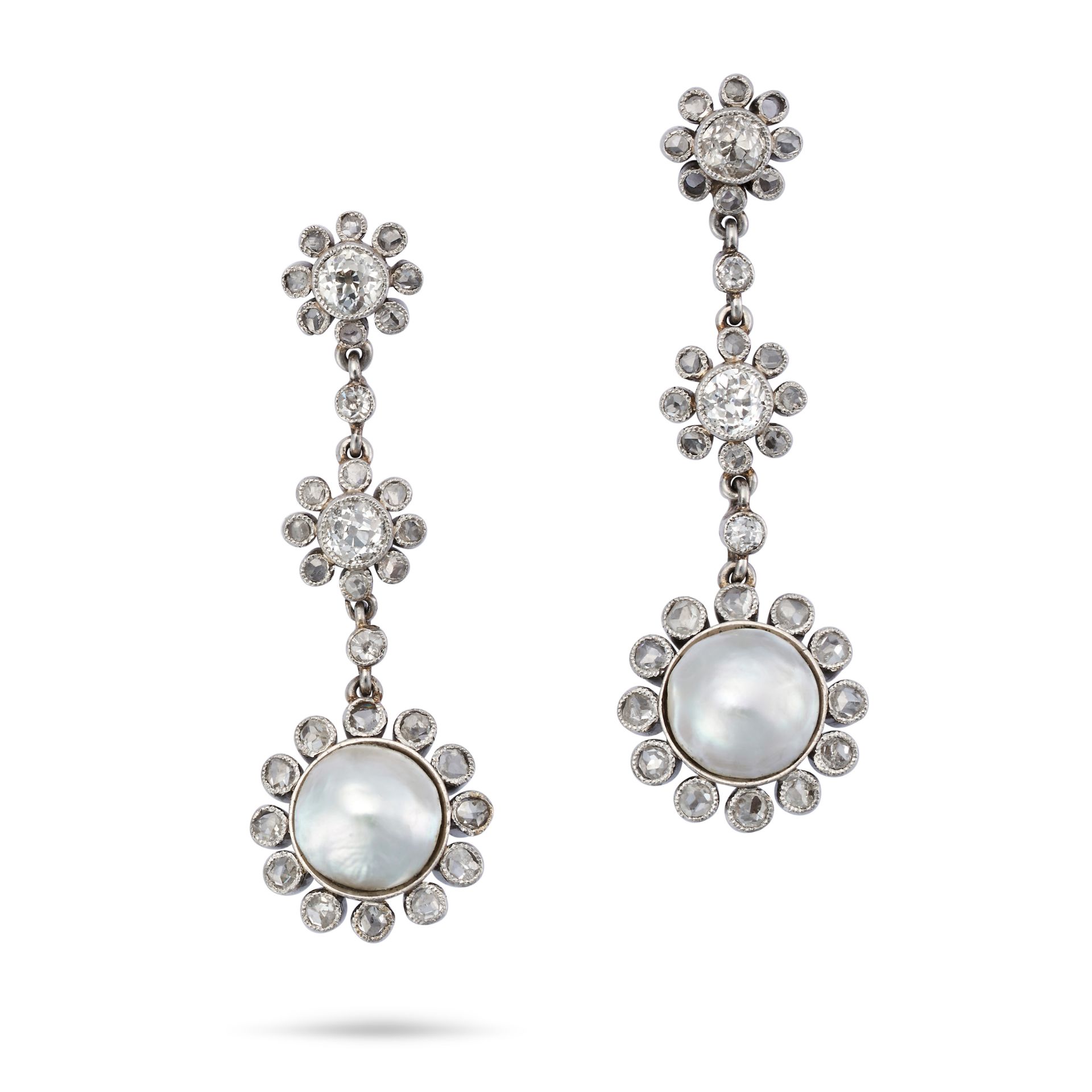 A PAIR OF NATURAL SALTWATER PEARL AND DIAMOND DROP EARRINGS each comprising two old cut diamonds ...