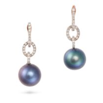 A PAIR OF BLACK PEARL AND DIAMOND DROP EARRINGS each comprising a series of links set with round ...