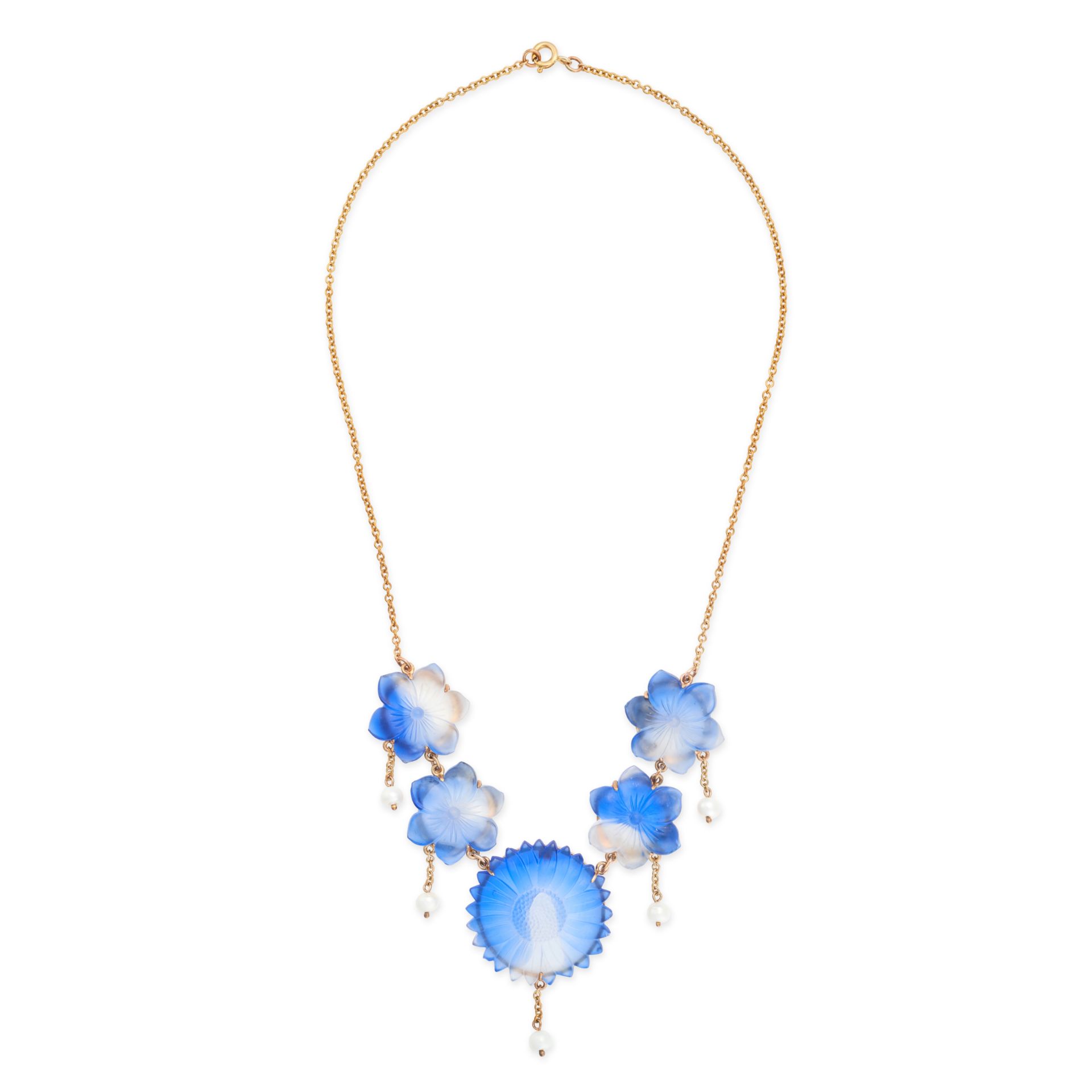 NO RESERVE - A BLUE GLASS AND PEARL FLOWER NECKLACE comprising a row of five flowers moulded from... - Image 2 of 2