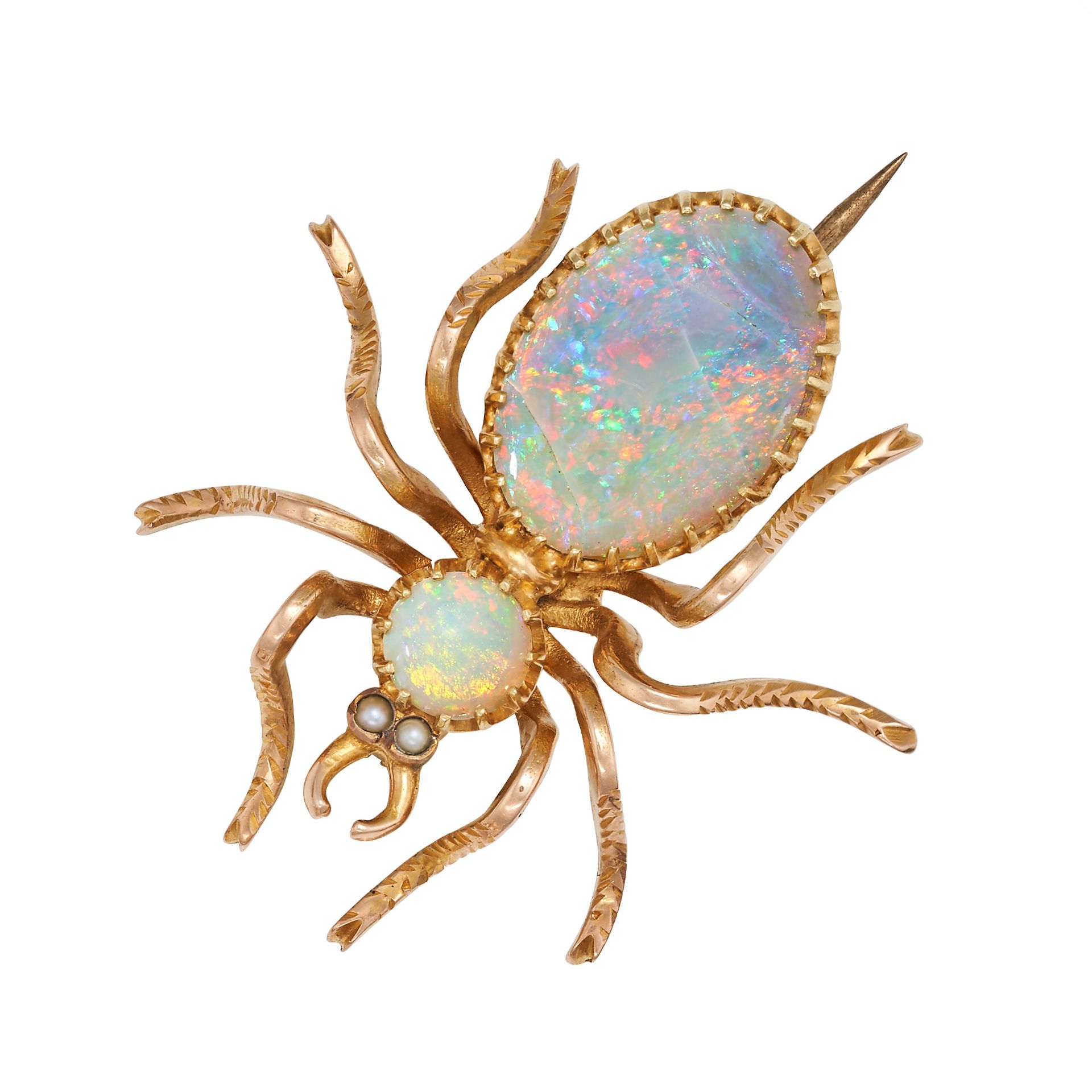NO RESERVE - AN OPAL AND PEARL SPIDER BROOCH designed as a spider set with an oval and a round ca...