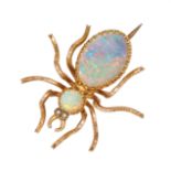 NO RESERVE - AN OPAL AND PEARL SPIDER BROOCH designed as a spider set with an oval and a round ca...
