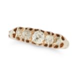 AN ANTIQUE FIVE STONE DIAMOND RING in yellow gold, set with a row of five old cut diamonds, stamp...