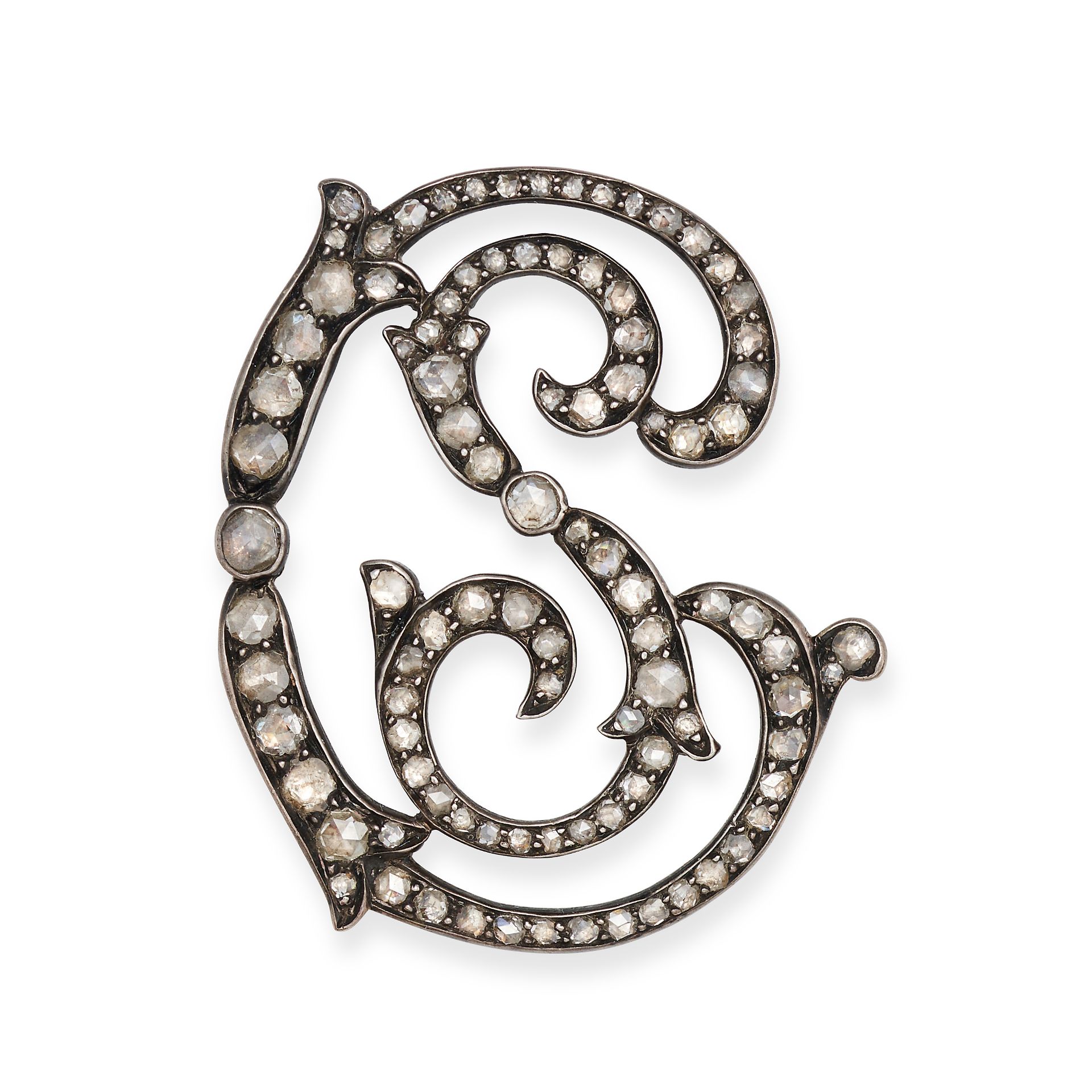 NO RESERVE - AN ANTIQUE DIAMOND JEWEL in silver, designed as the initials CS set throughout with ...