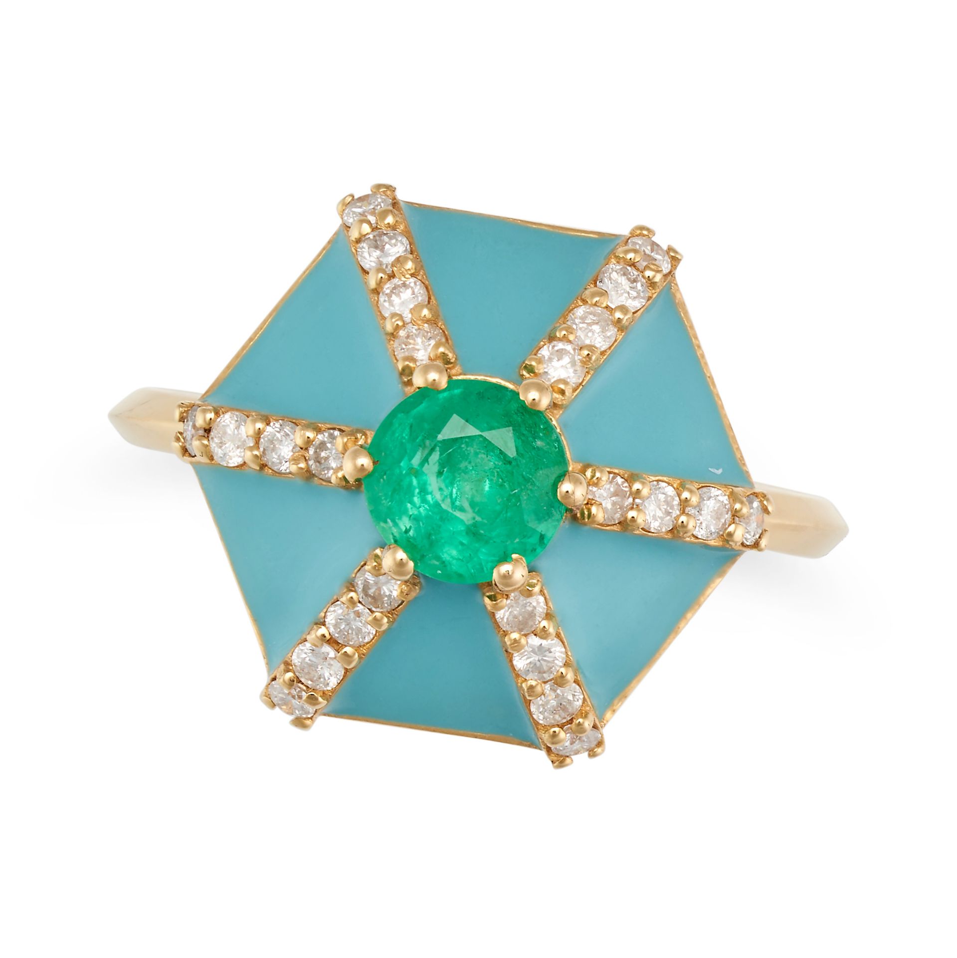 AN EMERALD, DIAMOND AND ENAMEL RING set with a round cut emerald accented by rows of round cut di...