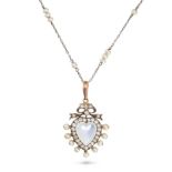 AN ANTIQUE MOONSTONE, DIAMOND AND PEARL HEART PENDANT NECKLACE in yellow gold and silver, the pen...