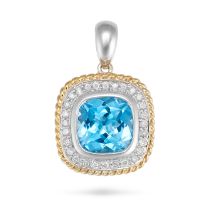 NO RESERVE - A BLUE TOPAZ AND DIAMOND PENDANT set with a cushion cut blue topaz in a border of ro...