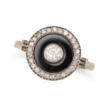 A DIAMOND AND ONYX DRESS RING set with a round brilliant cut diamond of approximately 0.20 carats...