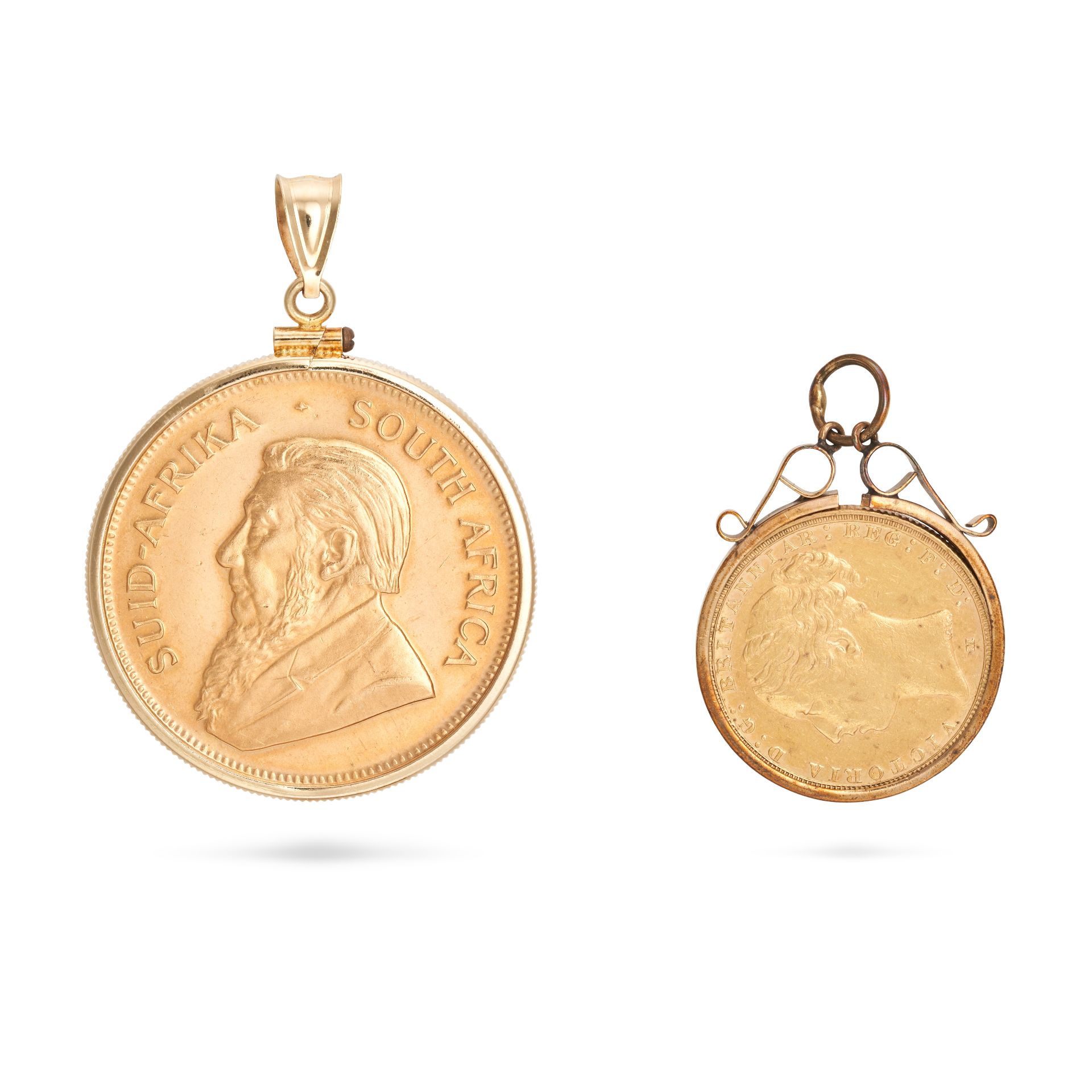 TWO GOLD COIN PENDANTS comprising a South African Krugerrand, bail stamped 14K, 4.5cm, 36.0g, tog...