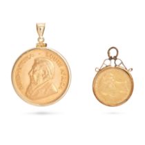 TWO GOLD COIN PENDANTS comprising a South African Krugerrand, bail stamped 14K, 4.5cm, 36.0g, tog...