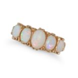 AN OPAL FIVE STONE RING in 9ct yellow gold, set with a row of five graduating oval cabochon opals...