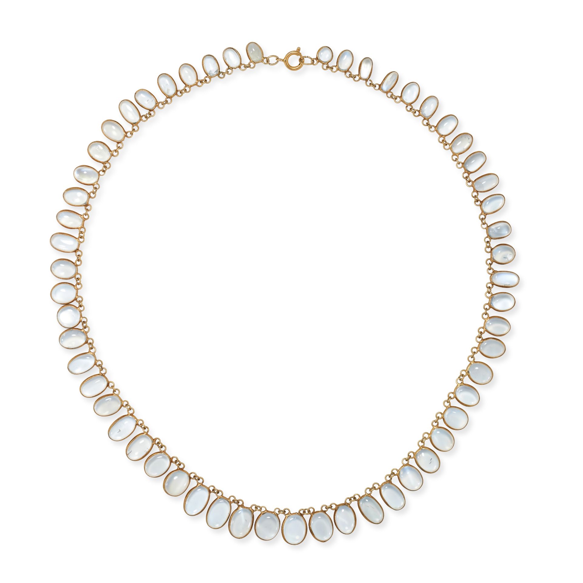 NO RESERVE - A MOONSTONE FRINGE NECKLACE comprising a trace chain suspending a fringe of oval cab...