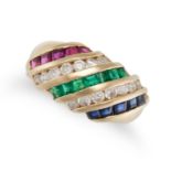 NO RESERVE - A RUBY, EMERALD, SAPPHIRE AND DIAMOND RING set with rows of square step cut rubies, ...