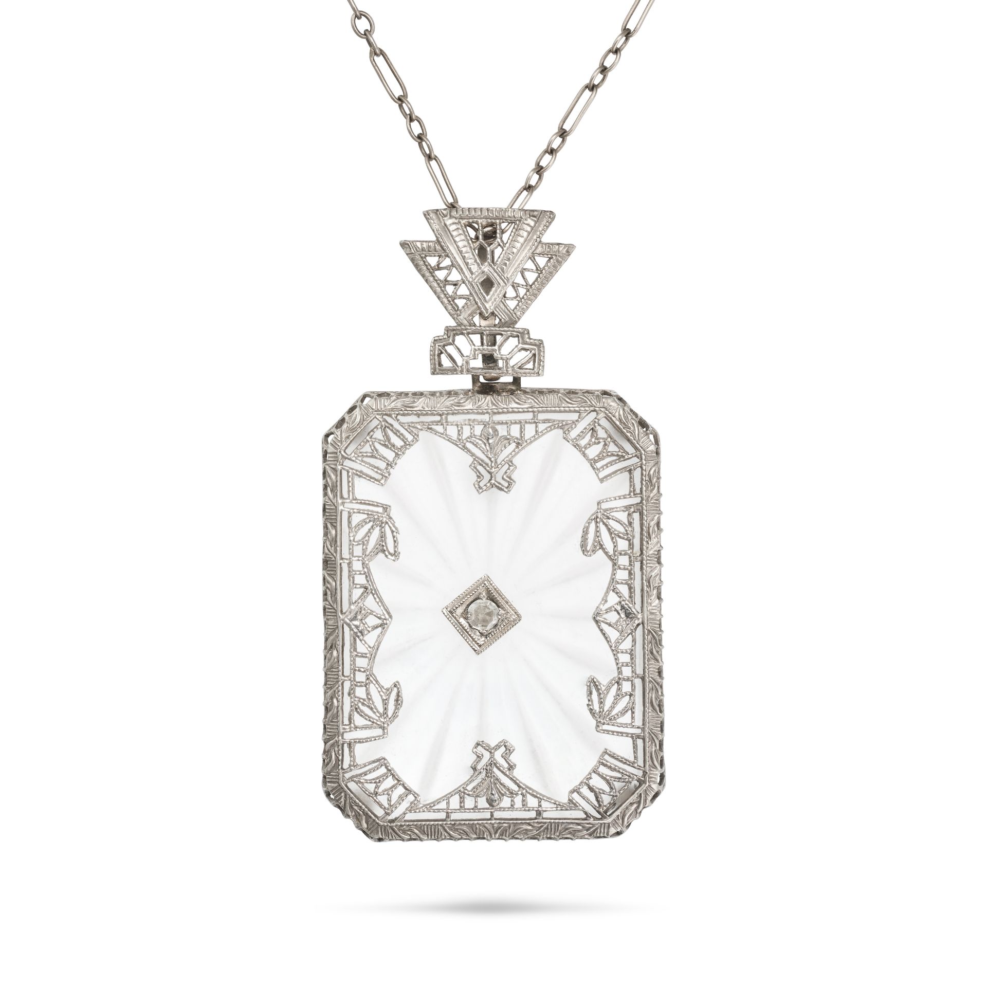 NO RESERVE - A ROCK CRYSTAL AND DIAMOND PENDANT NECKLACE the pendant comprising a frosted rock cr...