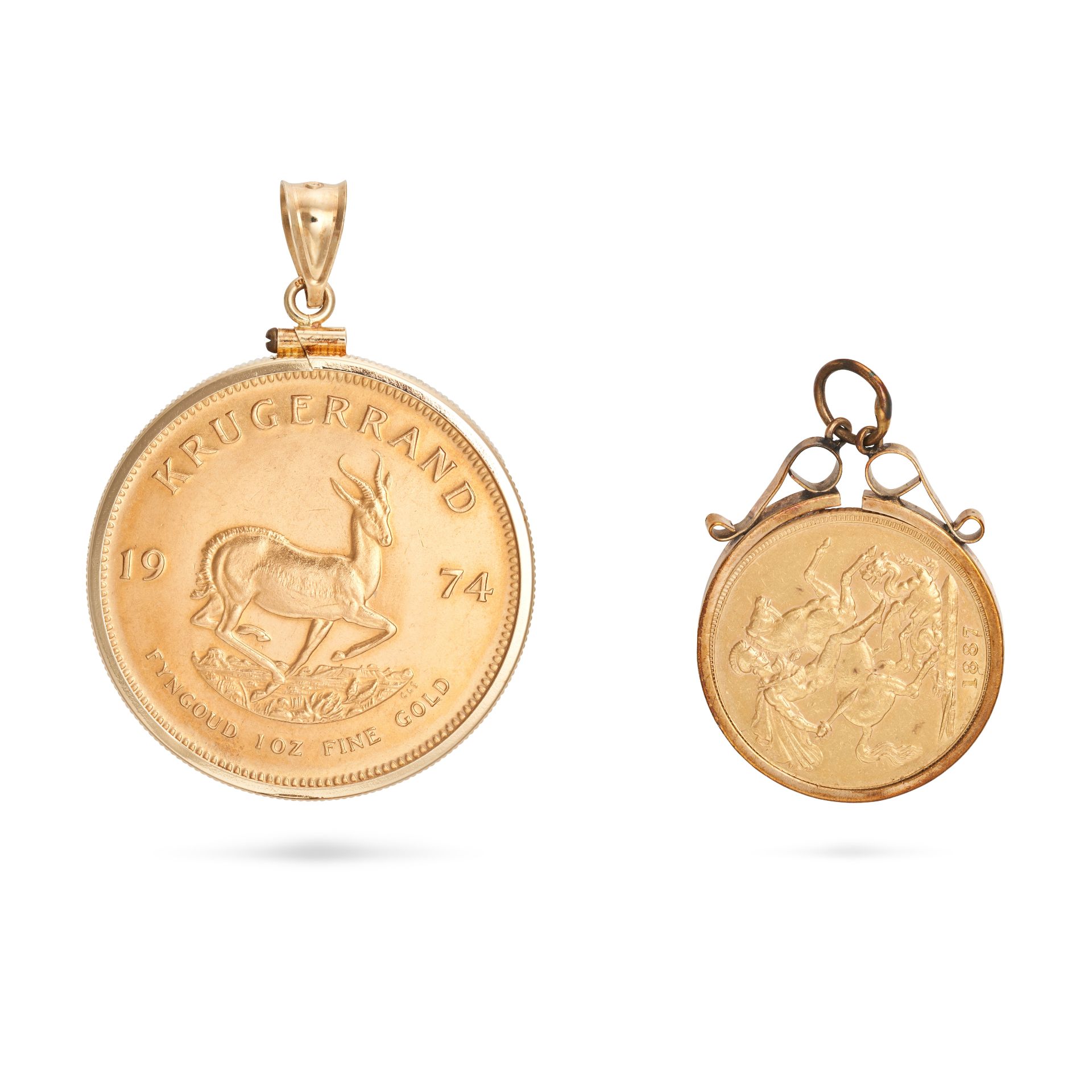 TWO GOLD COIN PENDANTS comprising a South African Krugerrand, bail stamped 14K, 4.5cm, 36.0g, tog... - Image 2 of 2