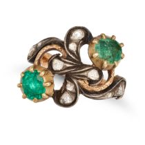 NO RESERVE - AN ANTIQUE EMERALD AND DIAMOND RING in yellow gold and silver, the foliate style rin...