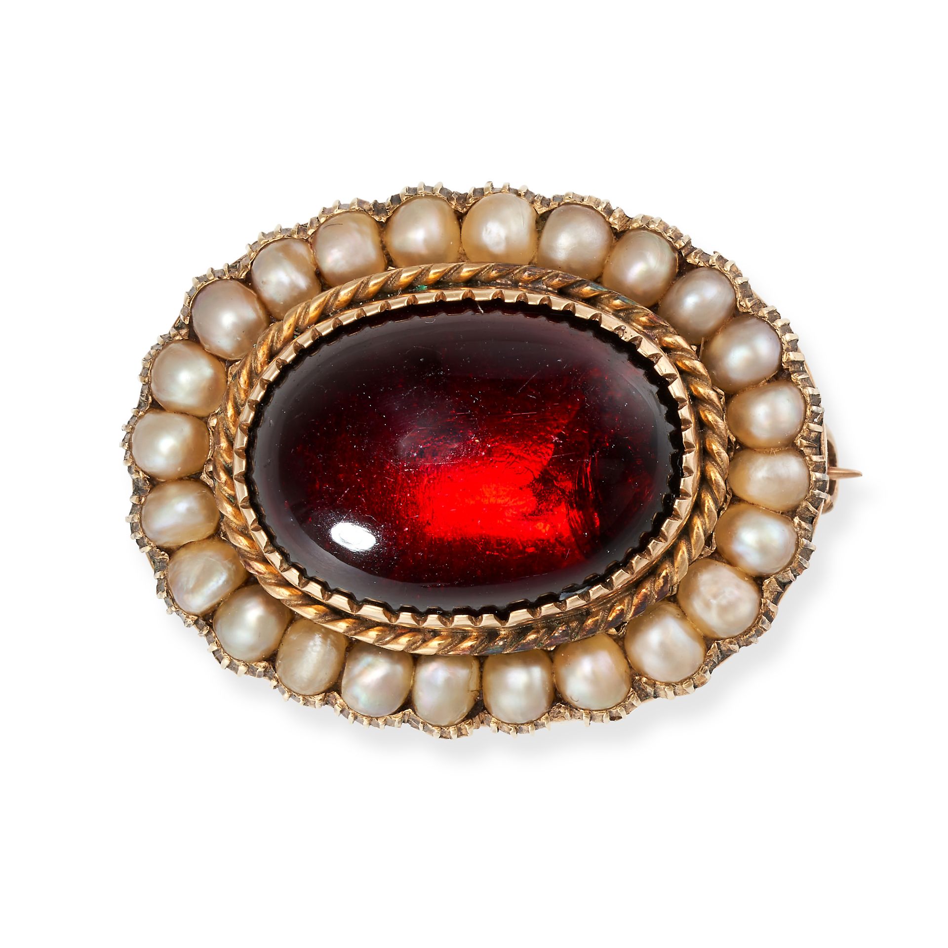 NO RESERVE - AN ANTIQUE GARNET AND PEARL CLUSTER BROOCH set with an oval cabochon garnet in a clu...