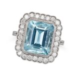 AN AQUAMARINE AND DIAMOND RING set with an octagonal step cut aquamarine of approximately 5.63 ca...