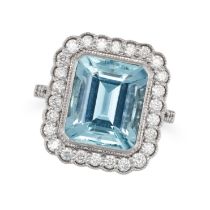 AN AQUAMARINE AND DIAMOND RING set with an octagonal step cut aquamarine of approximately 5.63 ca...