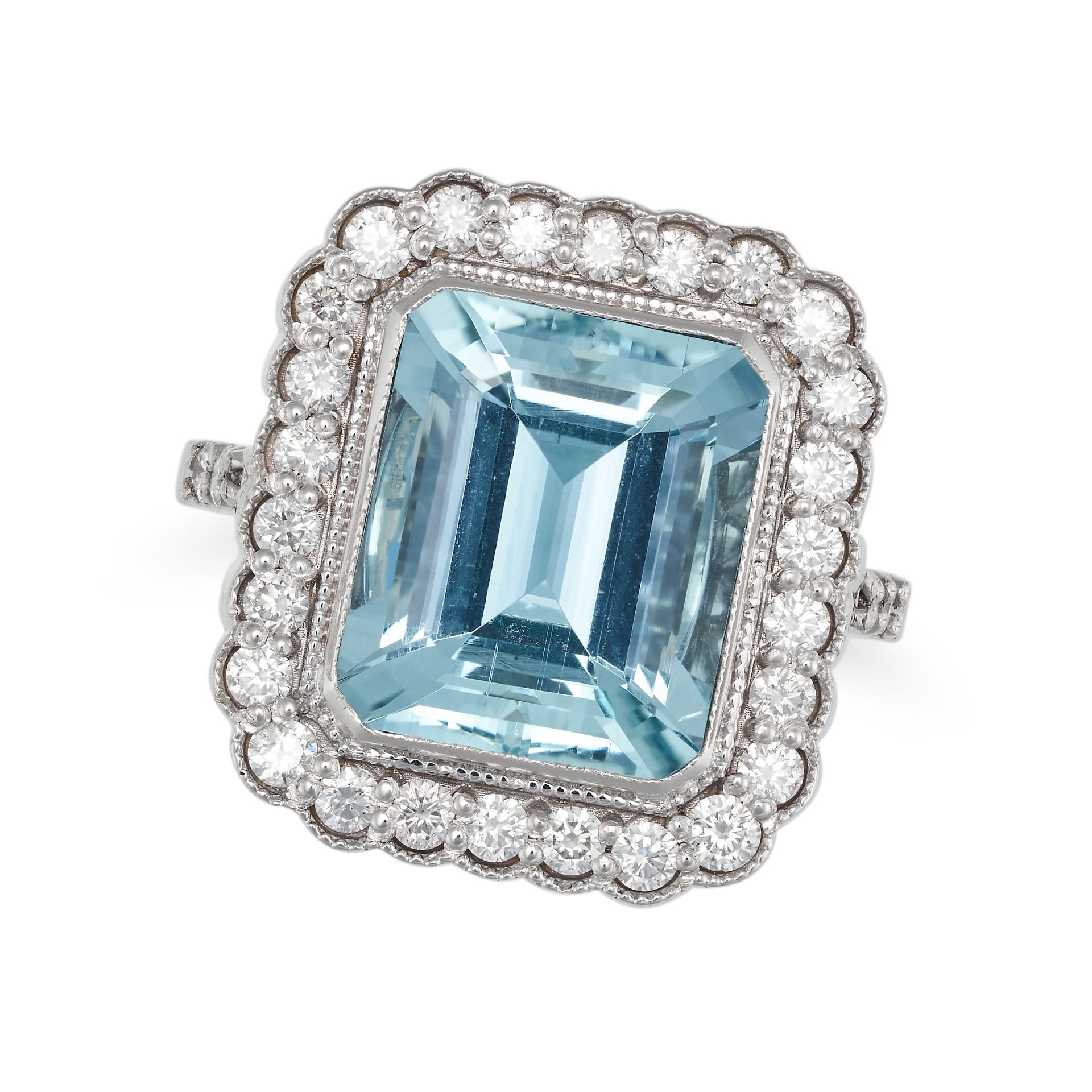 AN AQUAMARINE AND DIAMOND RING set with an octagonal step cut aquamarine of approximately 5.63 ca...
