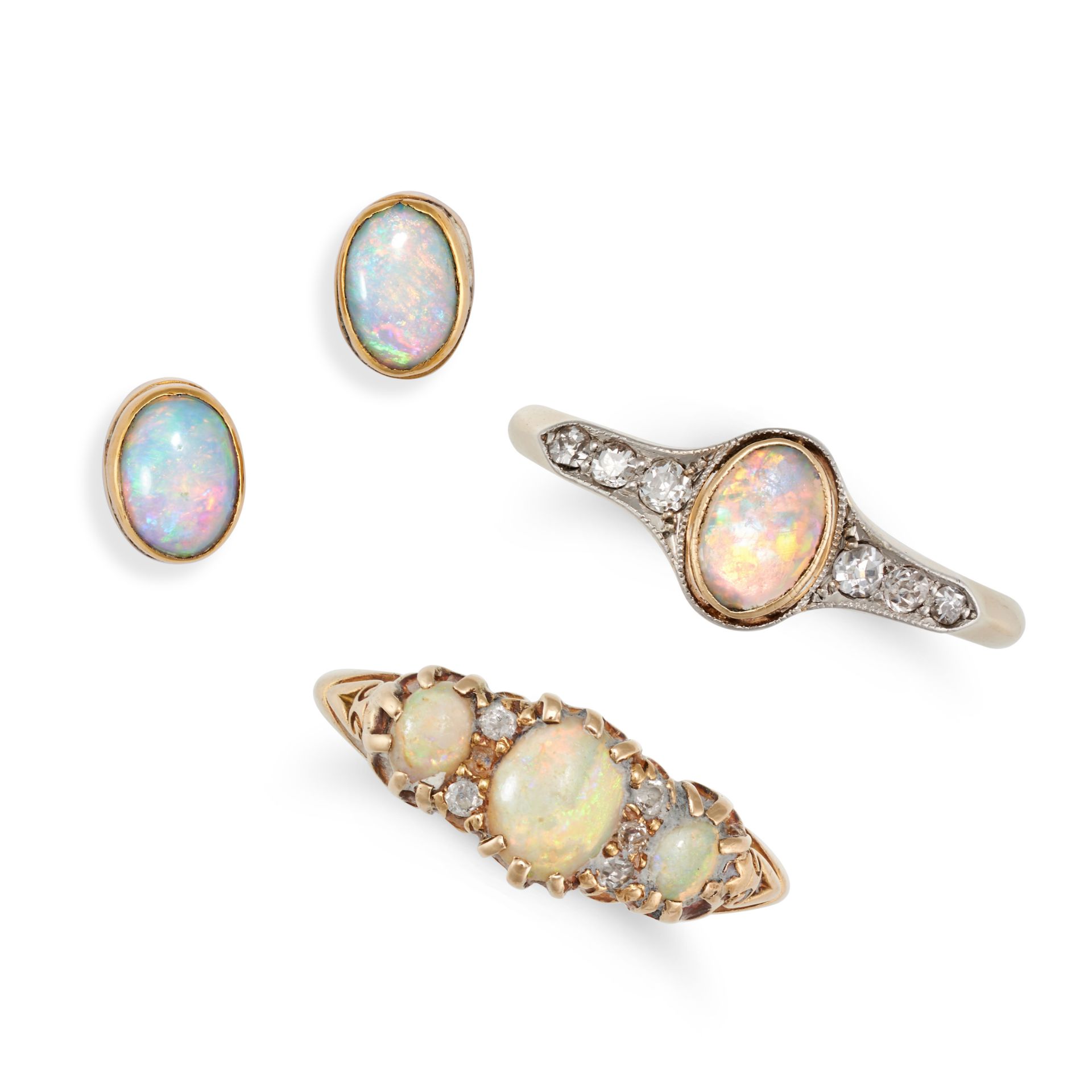 A COLLECTION OF OPAL JEWELLERY comprising an opal and diamond ring, partial British hallmarks for...