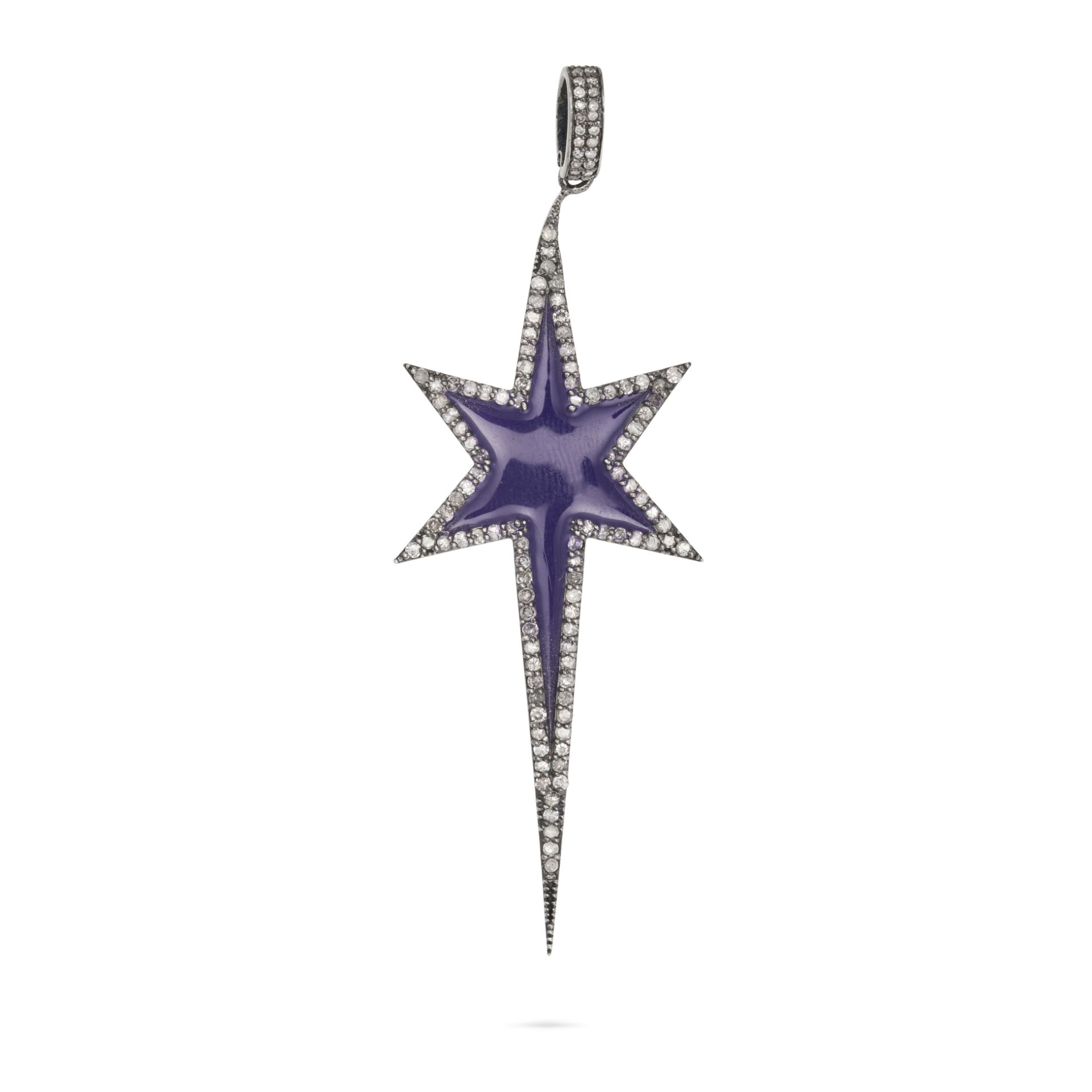 NO RESERVE - A DIAMOND AND ENAMEL STAR PENDANT in silver, designed as a star relived in purple en...