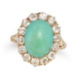 AN ANTIQUE TURQUOISE AND DIAMOND CLUSTER RING in 18ct yellow gold, set with an oval cabochon turq...