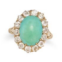 AN ANTIQUE TURQUOISE AND DIAMOND CLUSTER RING in 18ct yellow gold, set with an oval cabochon turq...