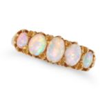 AN ANTIQUE OPAL FIVE STONE RING in yellow gold, set with a row of five graduating oval cabochon o...