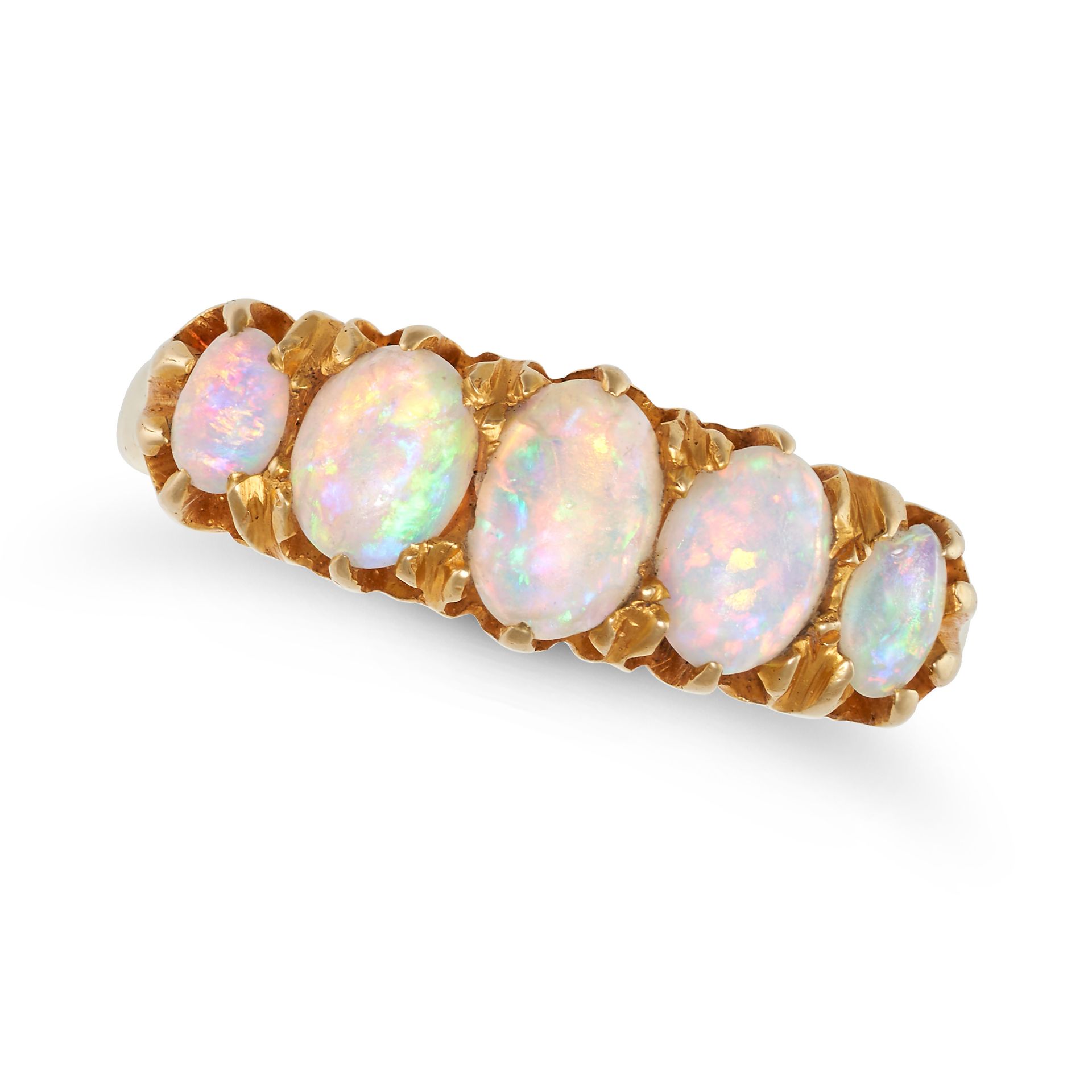 AN ANTIQUE OPAL FIVE STONE RING in yellow gold, set with a row of five graduating oval cabochon o...
